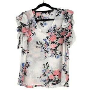 Halogen Womens Floral Top Size M Puff Sleeves Lightweight Semi Sheer Coquette